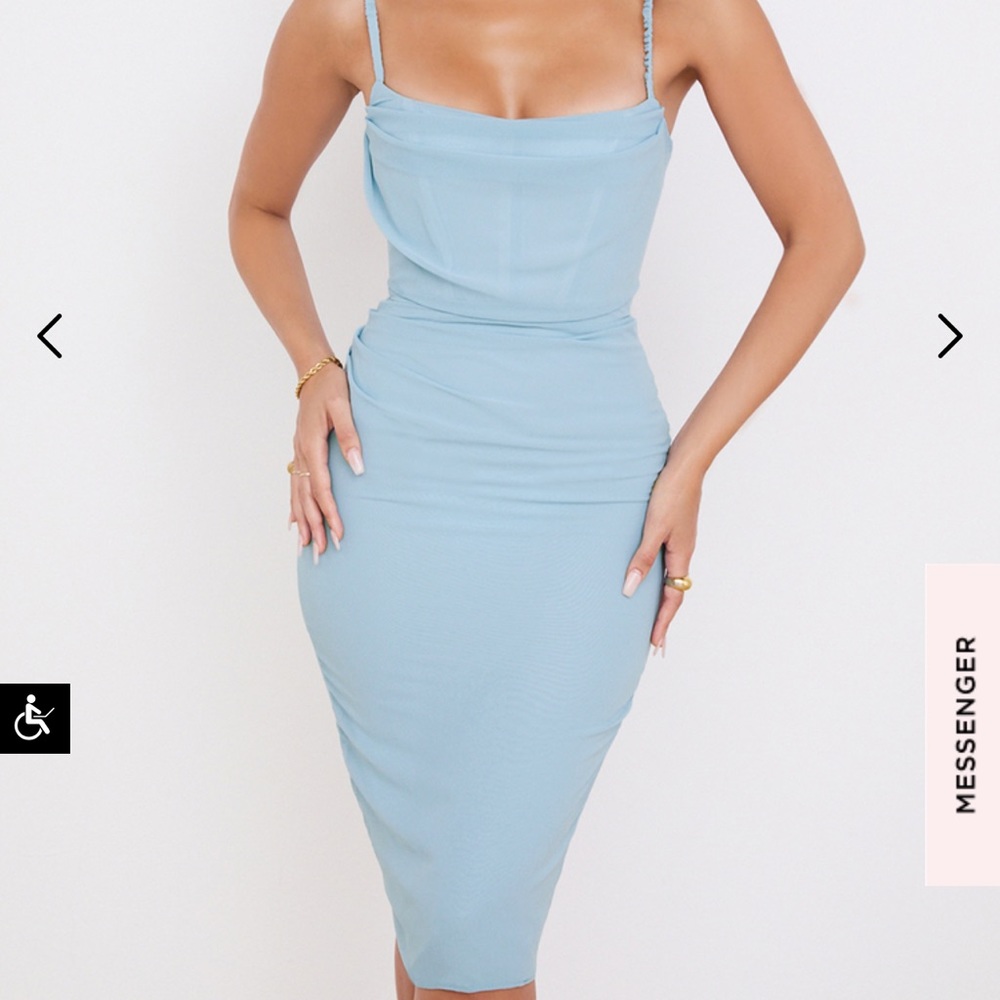 House of CB Jamille Baby Blue Draped Corset MIDI Dress. Size M.